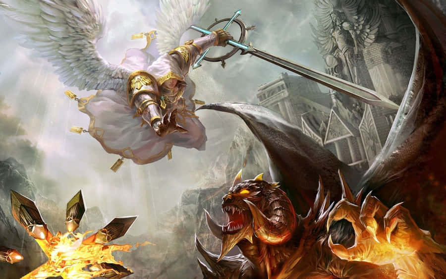 Saint Michael The Archangel In Heavenly Battle Wallpaper