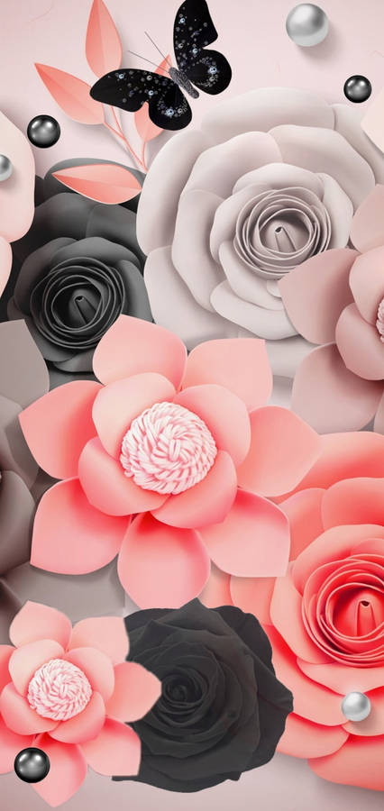 Samsung Galaxy S20 Pink And Black Paper Flowers Wallpaper