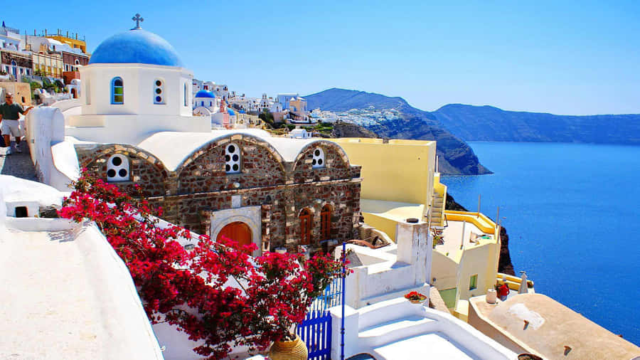 Santorini Blue Dome Church View Wallpaper