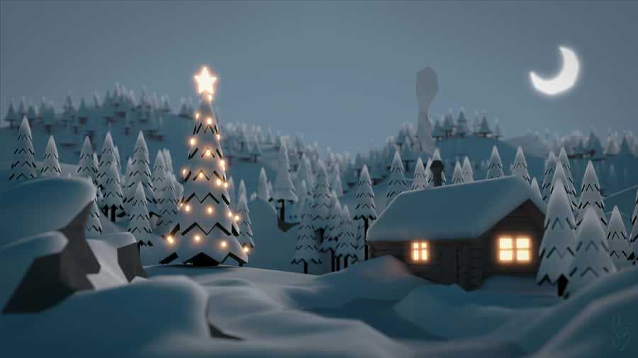 Simple Winter Christmas House And Tree Wallpaper
