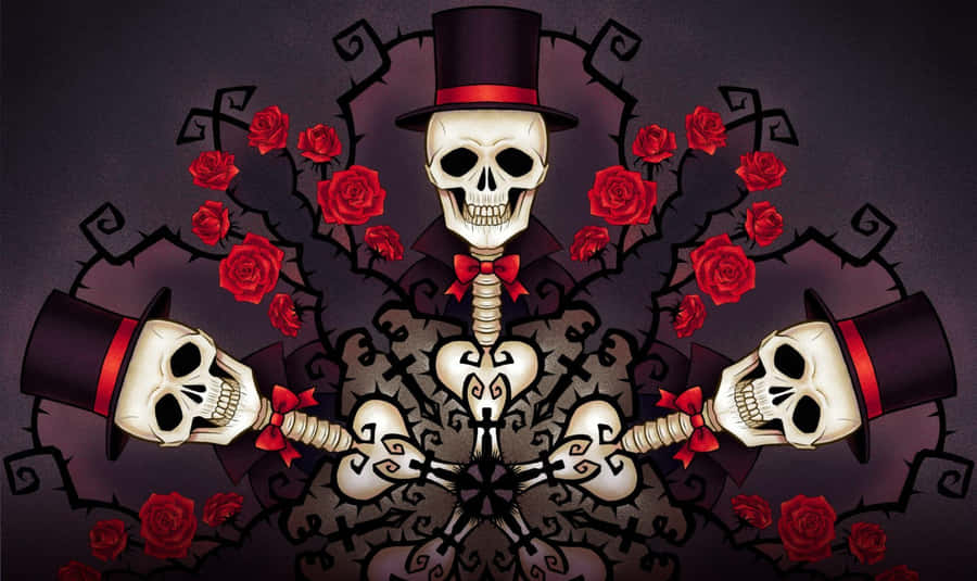Skulls In Top Hats And Roses Wallpaper