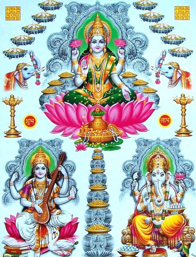 Sky Blue Laxmi Ganesh Saraswati Art Wallpaper