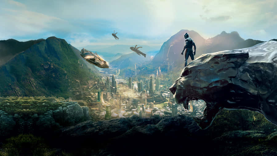 Sky Over Wakanda: Majestic Black Panther Landscape Wallpaper