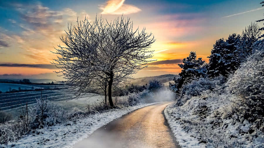 Snowy Winter Road For Laptop Wallpaper