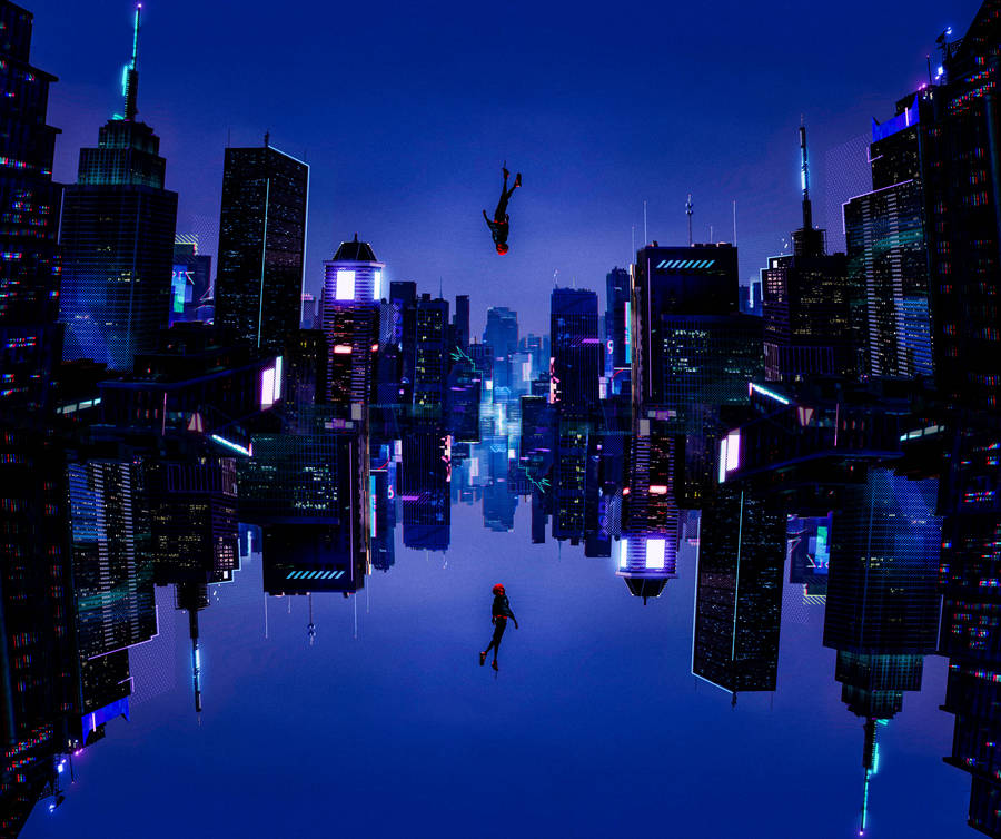Spider Verse Spider Man Cityscape Reflection Wallpaper