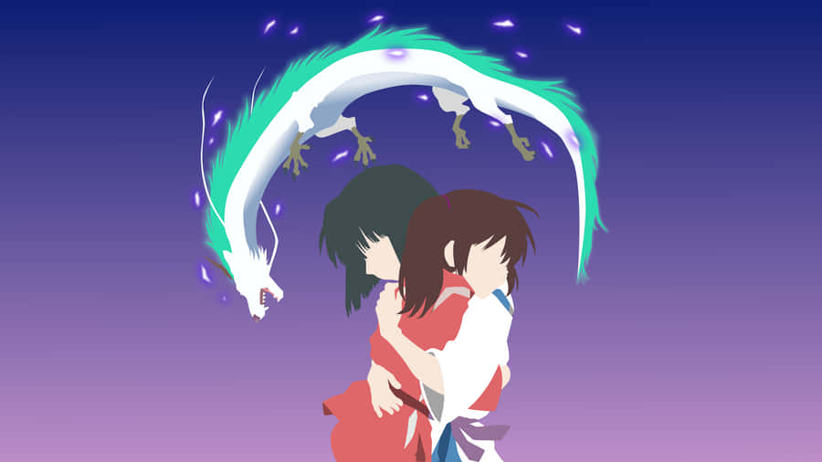 Spirited Away Chihiro And Haku Hug Minimalist Wallpaper