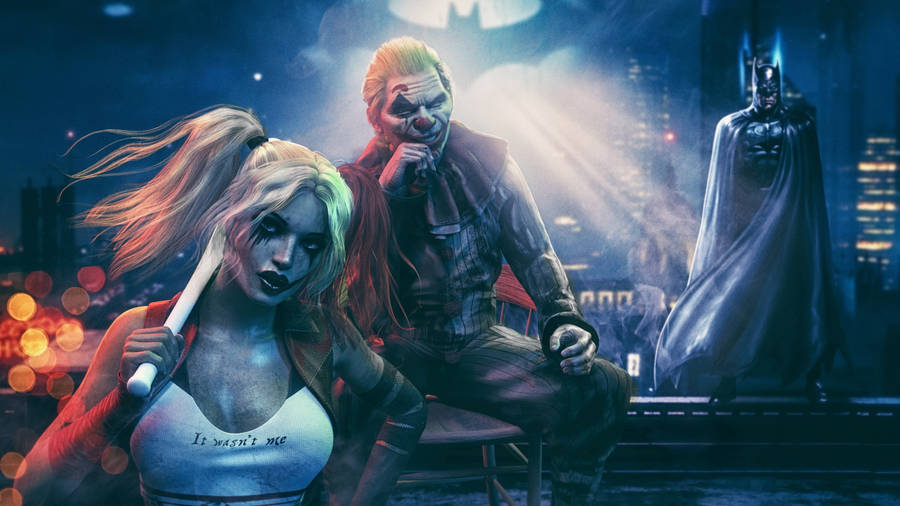 Standing Batman With Joker And Harley Quinn Wallpaper