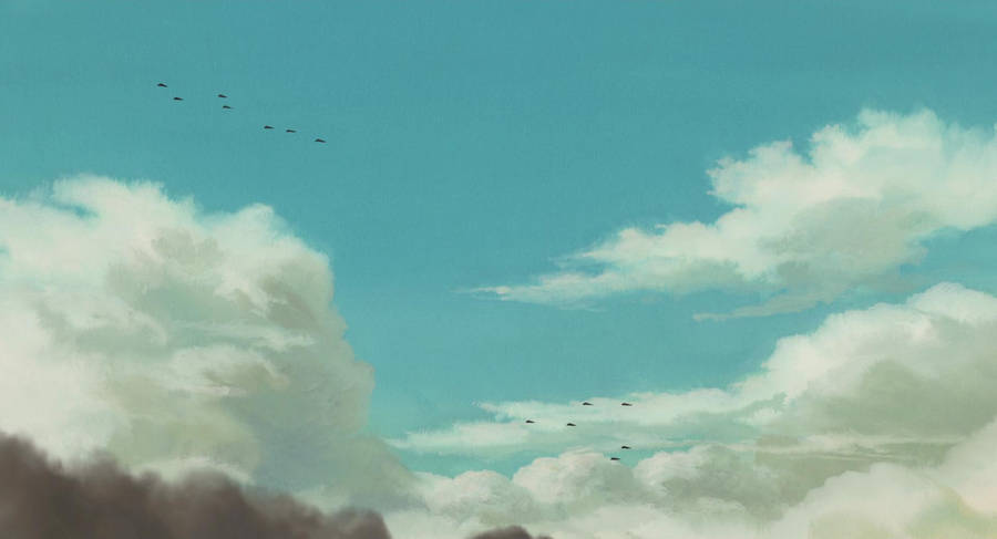 Studio Ghibli Scenery Blue Sky With Planes Wallpaper