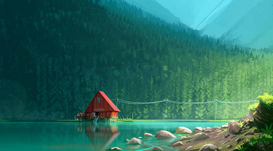 Stunning Digital Lake Cabin Aesthetic Teal Wallpaper