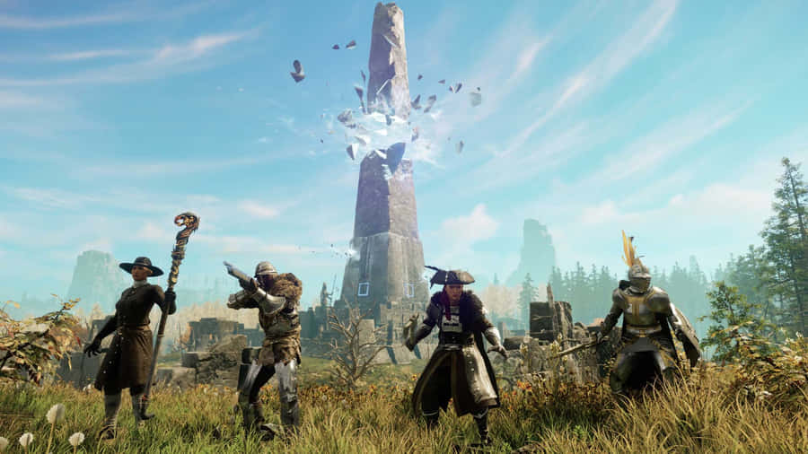 The Characters Are Standing In A Field With A Tower Wallpaper