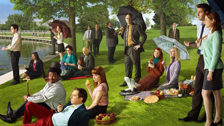 The Pam, Jim And Dwight Enjoy A Picnic For The Office Season 8 Wallpaper