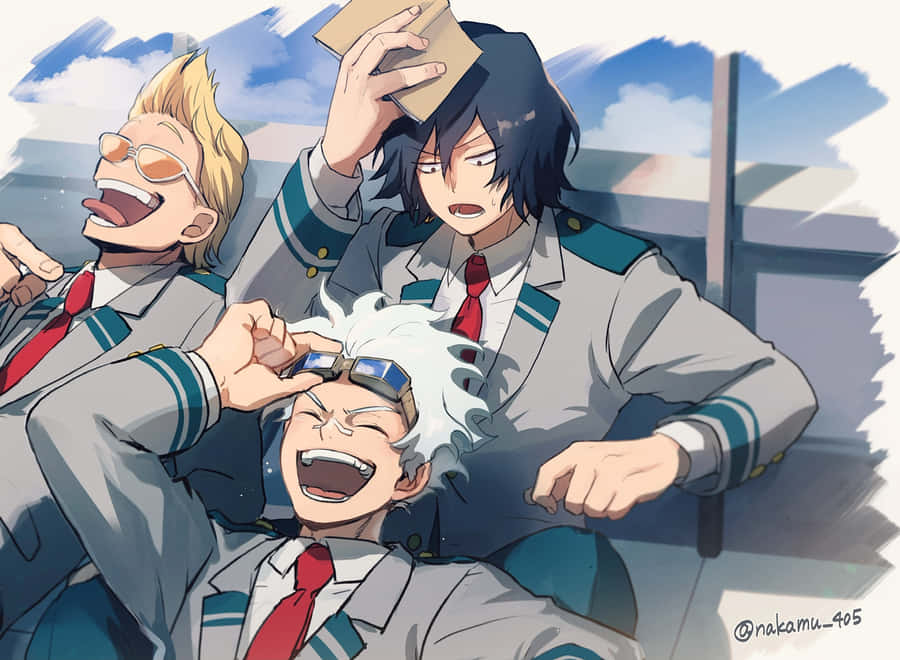 Three Anime Characters Are Sitting On A Bus Wallpaper