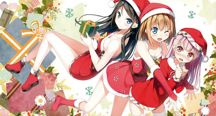 Three Anime Girl Christmas Characters Wallpaper