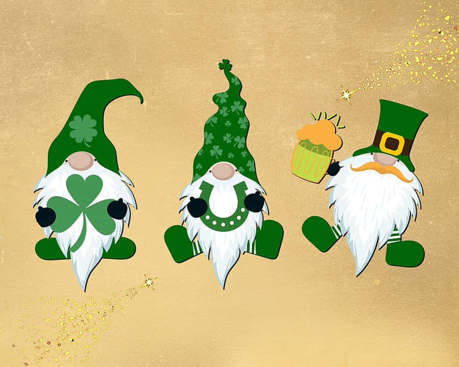 Three Shamrock Gnomes With Hats And A Shamrock Wallpaper