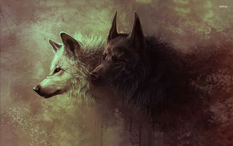 Two Adorable Wolves, Basking In The Moonlight. Wallpaper