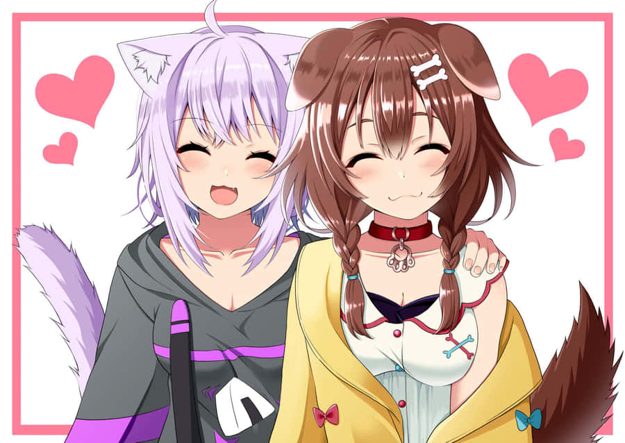 Two Anime Girls With Long Hair And Hearts Wallpaper