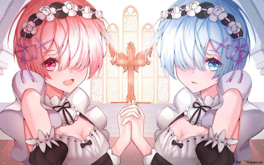 Two Anime Girls With Pink Hair And Blue Hair Wallpaper
