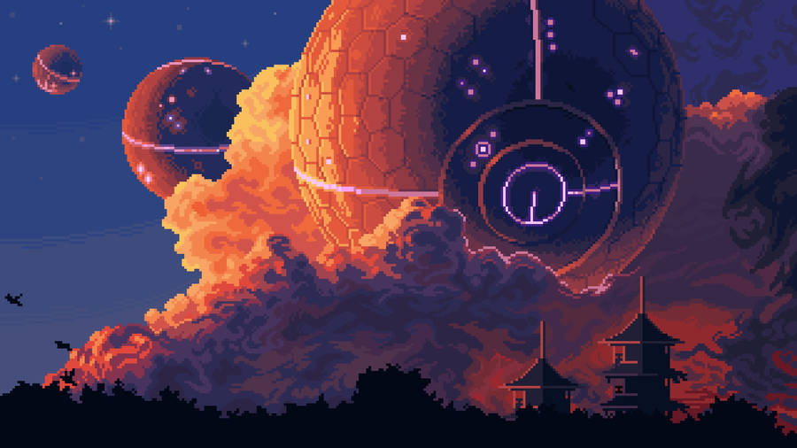 Ufos In The Sky In Aesthetic Pixel Art Wallpaper