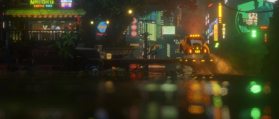 Ultrawide Cyberpunk Car And Store Wallpaper