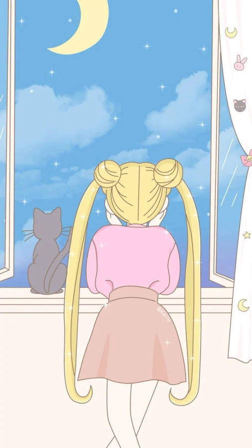 Usagi And Luna By Window Sailor Moon Iphone Wallpaper