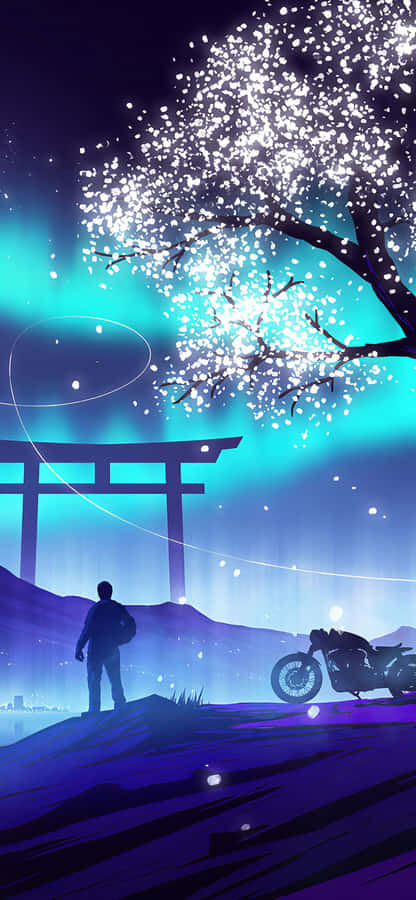 Vaporwave Iphone Motorcycle Under Sakura Tree Wallpaper