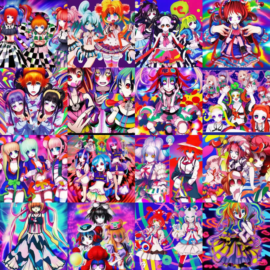 Vibrant Anime Collage Trippy Backdrop Wallpaper