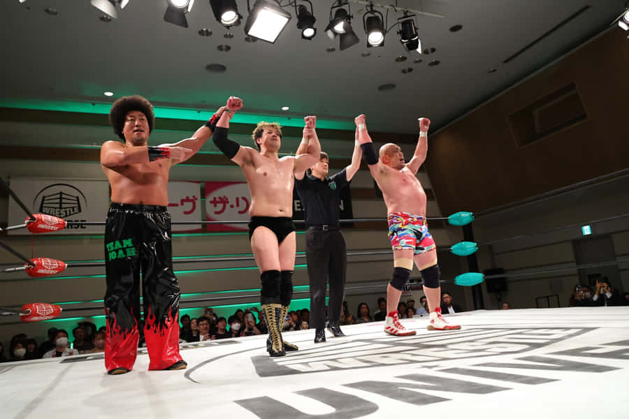 Victorious Wrestlers Celebrating In Ring Wallpaper