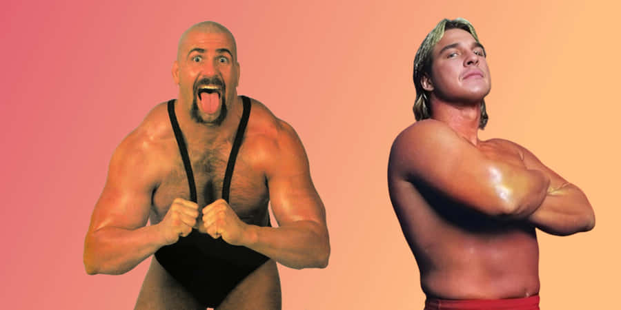Vintage Wrestlers Pose Pink Background Wallpaper