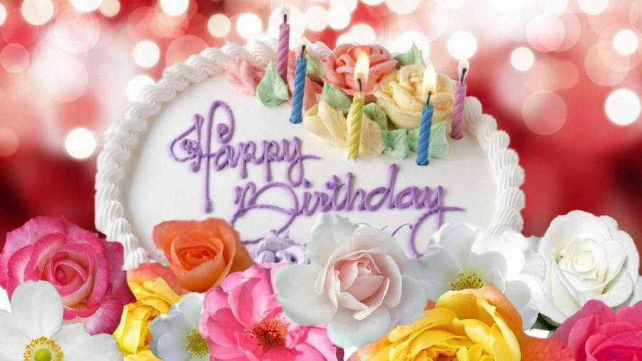 White Happy Birthday Flower Cake Wallpaper