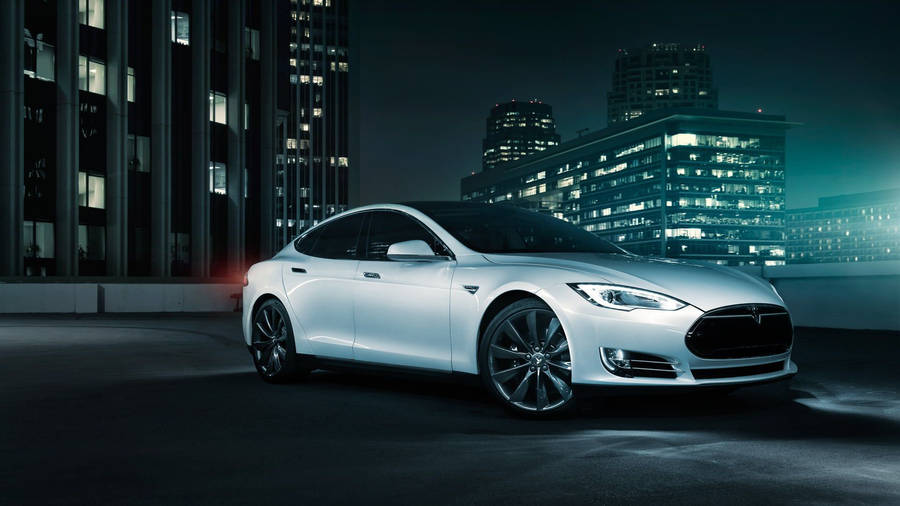White Tesla Electric Car Rooftop Wallpaper