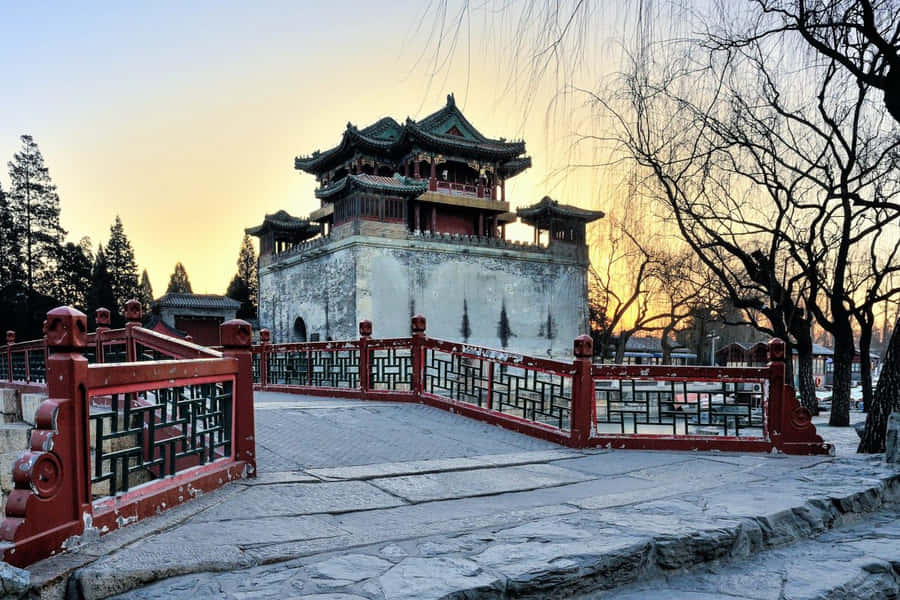 Wooden Handrail Leading To Summer Palace Wallpaper