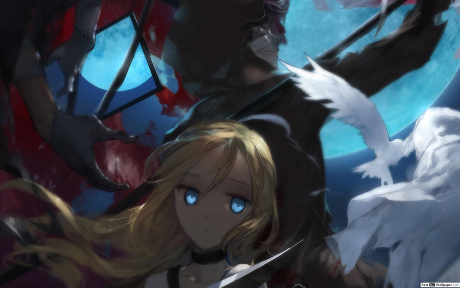 Zack And Rachel Embracing Beneath A Full Moon In Angels Of Death Wallpaper