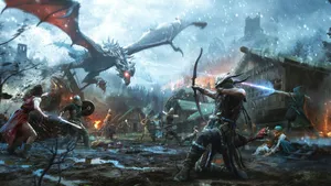 2560 X 1440 Skyrim Fighting The Dragon Wallpaper