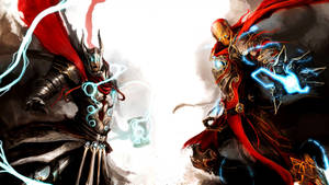 2560x1440 Marvel Thor Iron Man Electricity Wallpaper