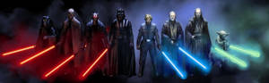 4k Dual Monitor Sith And Jedi Holding Lightsabers Wallpaper