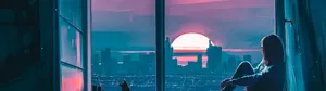 4k Dual Monitor Woman By Window City View Wallpaper