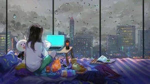 4k Laptop Stormy Night On Bed Wallpaper