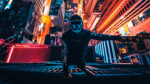 4k Mask Neon Mask Man Building View Wallpaper