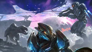 4k Master Chief Against Dinosaurs Wallpaper