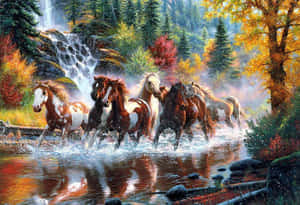 7 Horses Walking Through Forest River Wallpaper