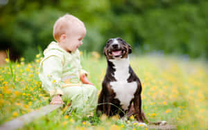 A Baby Sitting Next To A Dog In A Field Wallpaper