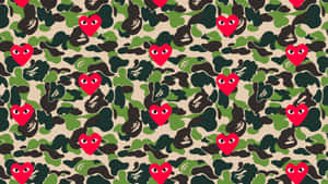 A Bathing Ape Camo Pattern With Red Hearts Wallpaper
