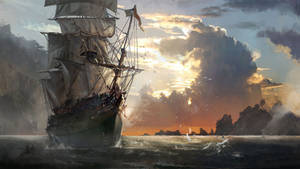 A Beautiful Pirate Ship Sails Across A Horizon Of Soft Pastels Wallpaper