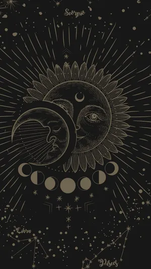 A Black And Gold Illustration Of The Sun And Moon Wallpaper