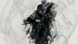 A Black And White Painting Of A Man With A Sword Wallpaper