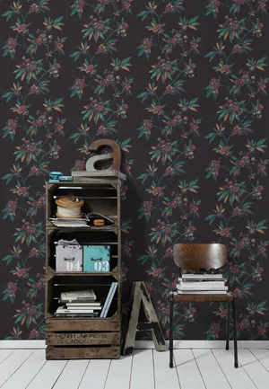 A Black Wall With A Floral Pattern Wallpaper