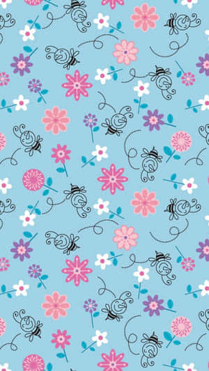 A Blue And Pink Floral Pattern With Butterflies And Flowers Wallpaper