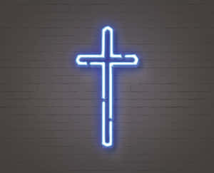 A Blue Neon Cross On A Brick Wall Wallpaper