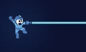 A Blue Pixel Man Is Flying With A Sword Wallpaper