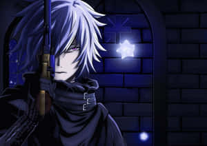 A Bold Anime Boy With A Black Top And Denim Shorts Looks Into The Camera With Determination. Wallpaper